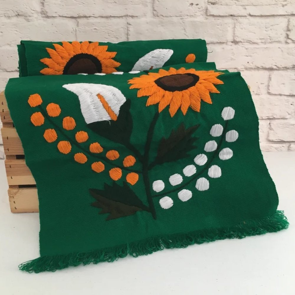 Handmade Mexican Hand Embroidered Sunflower Table Runner - Camino de Mesa